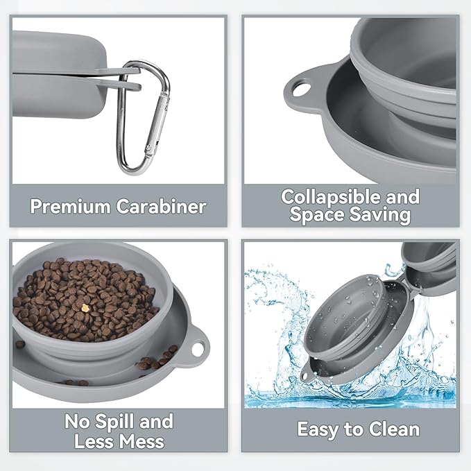 Collapsible Dog Water Bowl 2 in 1 Foldable Pet Food and Water Bowl Portable Cats Dishes with Carabiner Clip for Traveling Hiking Camping Walking (Grey)