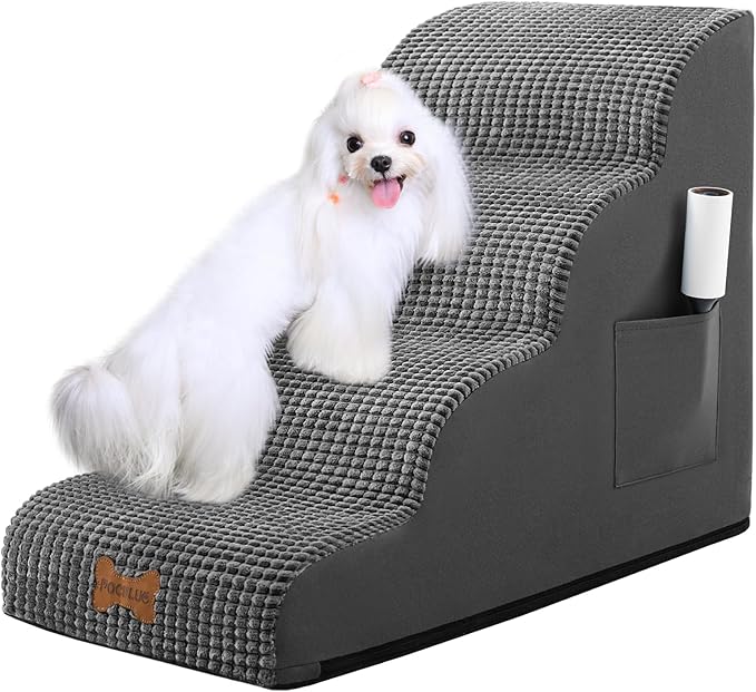 Dog Stairs for Small Dogs, Wide Pet Step with Removable Cover, No Assembly High Density Foam Cat Ramp for Bed or Sofa, 4-Step, Dark Grey