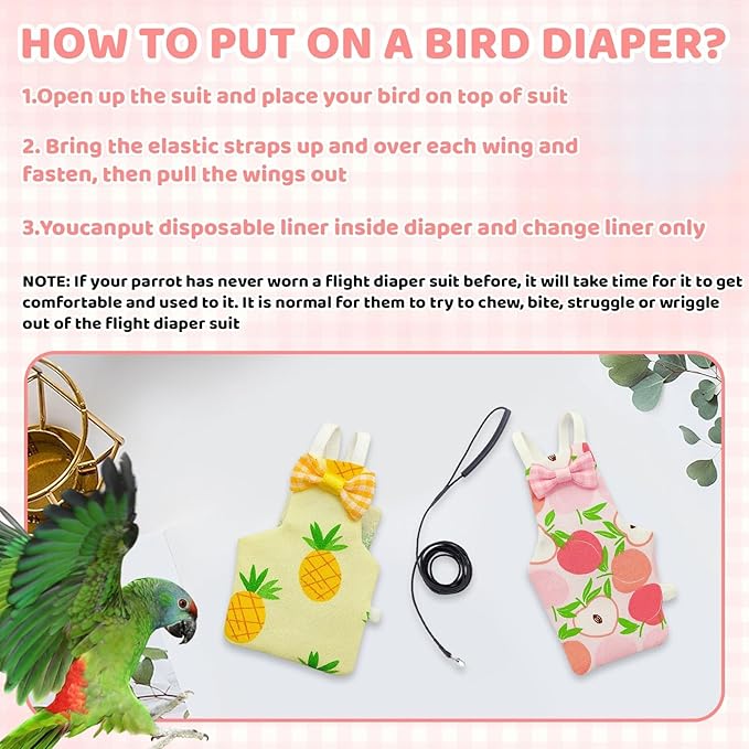 3 Pieces(Large) with Peach and Pineapple Patterns,Bird Diaper, Cotton Fabric, Waterproof Design, Easy to Clean, Comfortable Fit for Small Birds ﻿