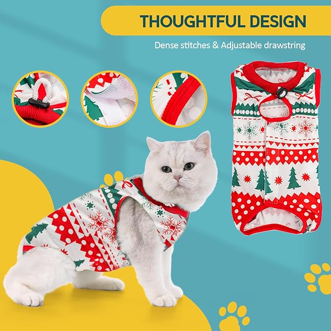 Avont Cat Recovery Suit - Kitten Onesie for Cats After Surgery, Cone of Shame Alternative Surgical Spay Suit for Female Cat, Post-Surgery or Skin Diseases Protection -Christmas(M)