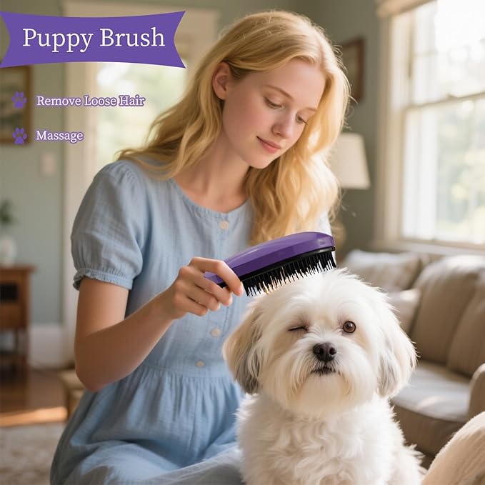 Comma-Shaped Small Dog Brush, Fit for Yorkie, Shih Tzu, Maltese Maltipoo Pomeranian - Gentle Soft Bristles for Effortless Pet Hair Removal, Puppy Essentials (Purple)