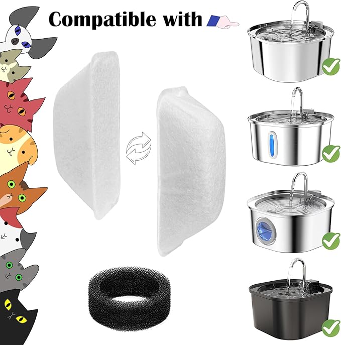 16 Pcs Cat Water Fountain Filters Replacement for 108oz/3.2L & 84oz/2.5L Pet Water Fountain,Including 8 Pcs Cat Water Fountain Filter & 8 Pcs Pre-Filter Sponges Foam Filter