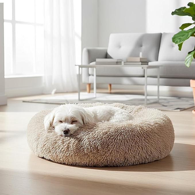 PetAmi Calming Dog Bed for Small & Medium Dogs and Cats, 23 Round Donut Dog Bed, Washable Fluffy Faux Fur Puppy & Cat Bed, Anti-Anxiety Plush Cuddler Pet Bed with Anti-Slip Bottom - Taupe