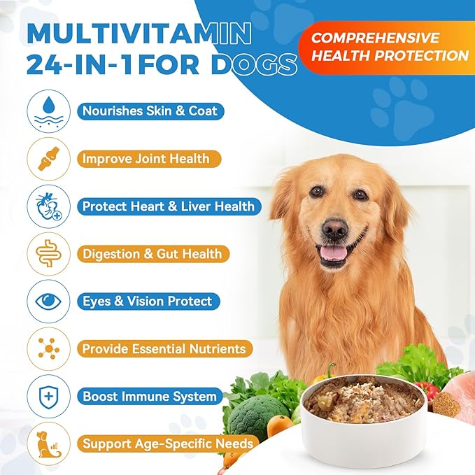 Dog Vitamins and Supplements 200 Chews 24-in-1 Multivitamin Chewable for Dogs with Glucosamine Probiotics Omega-3 Dog Chewable for Coat, Heart, HIPS & Joints, Digestion & Immune System