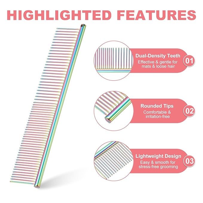 Dog Cat Comb, Pet Combs Stainless Steel Teeth with Rounded Ends for Knots Mats Loose Hair Removal, 7.5IN (Colorful Plated, 3 Pack), Grooming Tool Intended for Long Curly Hair Pet