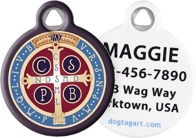 Dog Tag Art Saint Benedict Cross Personalized Pet ID Tag for Dogs and Cats, Silent Polymer Coated Stainless Steel Nametag with Customized Identification Information, Large 1.25" Diameter