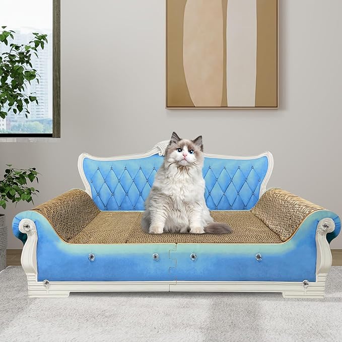 Luxury Cardboard Cat Scratcher Sofa Bed, Couch Shaped Scratching Board, Scratch Lounge with Catnip, Cat Scratcher for Indoor Cats Large Blue