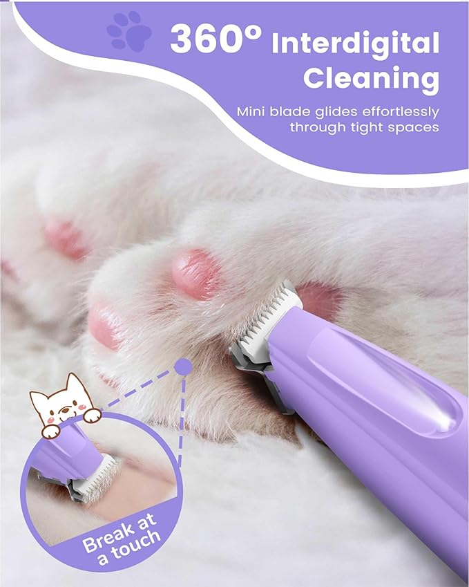 Dog Paw Trimmer with LED Light, 35dB Low Noise Paw Trimmers for Dog's Feet, 2 Speed Safety Electric Dog Clippers for Grooming, Rechargeable Cat Shaver for Paws, Ears, Face, Rump (Purple)