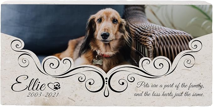 Custom Dog Memorial Stone, Personalized Pet Headstones for Dogs, Outdoor Pet Grave Markers with Photo Print and Text, Loss of Pet Sympathy Gift, 12”x6”x1.25" Pet Grave Stone (D. Ellie Design)