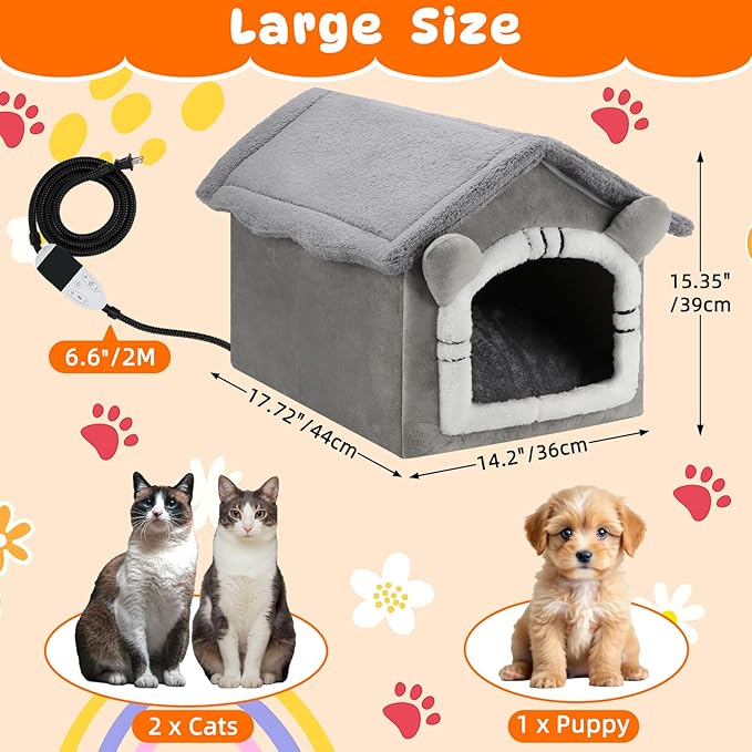 FHTONGE Heated Cat Bed House with Timer Temp Adjustment, Thermal Enclosed Kitten Beds Hideaway Machine Washable, Self-Warming Cozy Pet Nest Covered Beds Cave for Indoor Kitten Old Cat Puppy Small Dog