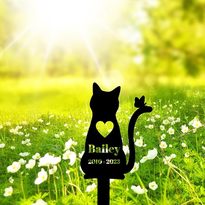 Personalized Butterfly Cat Memorial Grave Marker, Custom Memorial Cat Garden Stake Metal Pet Grave Marker, Customized Heart Cat Grave Marker Memorial Plaque Garden Cemetery Decoration