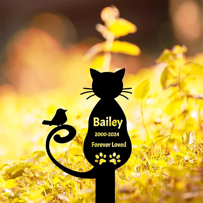 Personalized Pet Cat Memorial Grave Garden Stake for Cemetery, Custom Bird Cat Memorial Grave Marker Outdoor for Loss of Cats, Pet Remembrance Gifts Cat Plaque Stake Grief Funeral