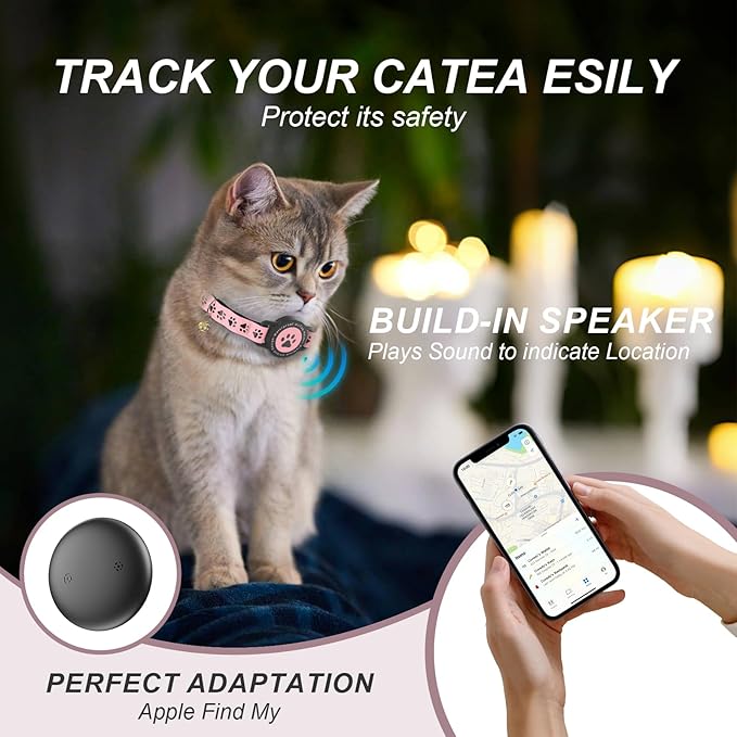 GPS Tracker for Cats, Waterproof GPS Cat Trackers Cats Collar with Bells, No Subscription, GPS Cat Collar, Adapt with Apple Find My (iOS Only) Finder Tag for Items Vehicles, Pets, Kids (Pink)