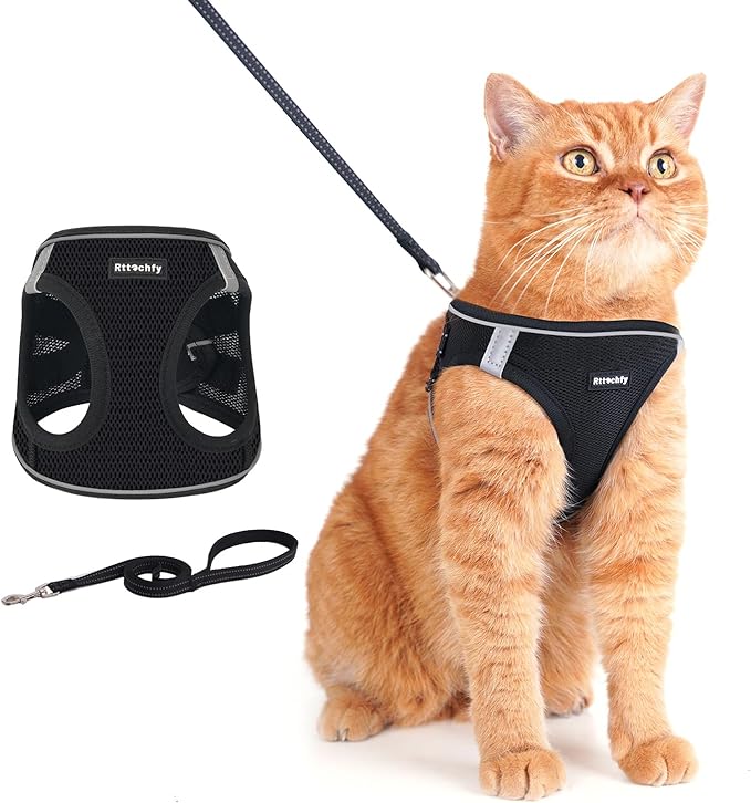 Rttochfy Cat Harness and Leash Set, Escape Proof Kitten Harness, Soft and Breathable Vest with Reflective Strip, Easy to Wear for Cats Walking and Traveling (Black, S)