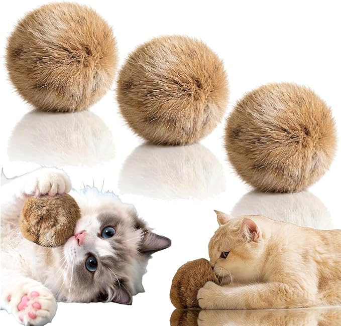 Rabbit Fur Ball Cat Toy, Rabbit Fur Balls for Cats, Furry Catnip Toy Ball Soft, Washable & Fun to Chase, for Bunny Kicks & Chase Games, for Indoor Exercise & Bonding (3PCS)