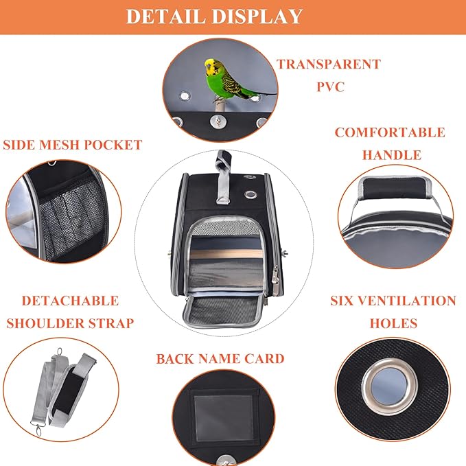 FCQQYWZ Bird Carrier with Stand & Tray, Small Bird Travel Cage for Parrot & Parakeet, Shoulder Strap - Black