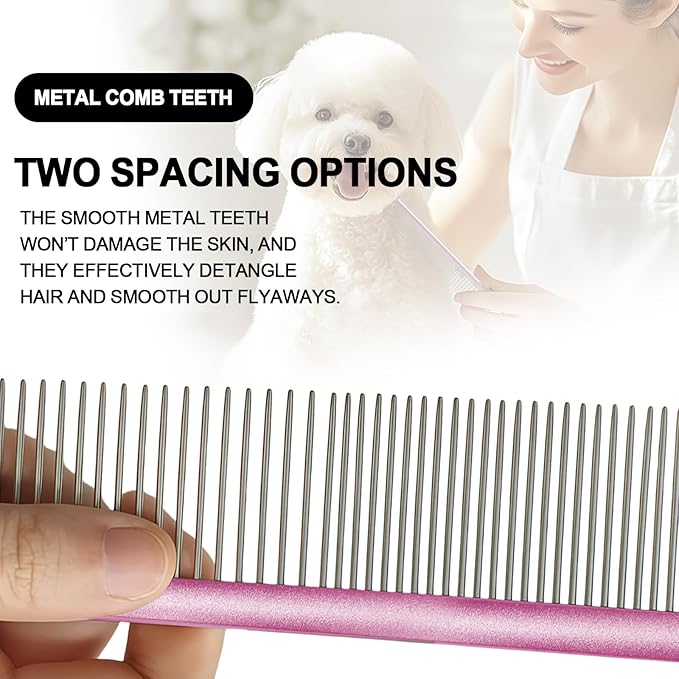 Large Purple Pet 2-in-1 Metal Comb Fine&Wide Tooth Comb Dematting Grooming Tool Pet Flea Comb for Dogs and Cats Remove Loose Hair Mats Knots Tangles Dirt Fleas
