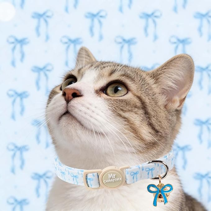 2 Pack Cat Collar, Cute Pink&Blue Bowtie Pattern Breakaway Kitty Collar with Bell&Pendent for Male and Female, Adjustable Holiday Kitten Collar for Boy&Girls