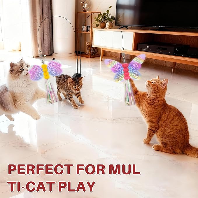 Walfront Interactive Cat Wand Toy Set with Replaceable Butterfly & Bee Bell Heads, Dual Suction Cup Base, for Self-Play or Handheld Fun with Indoor Cats & Kittens, Keeps Pets Active and Stimulated