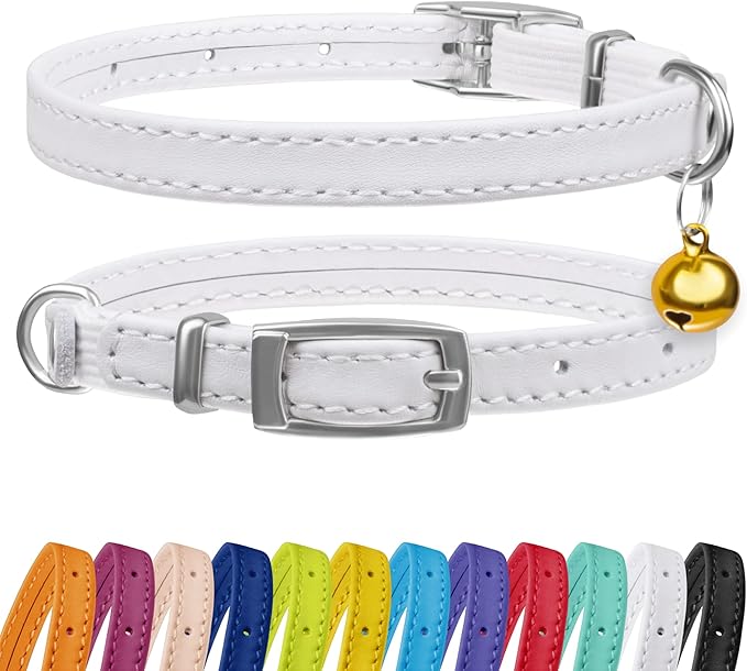 CollarDirect Leather Cat Collar with Bell - Kitten Collar, Small and Big Cat Collar for Boy Cats, Girl Cats with Safety Elastic Strap (Neck Fit 6"-7", White)