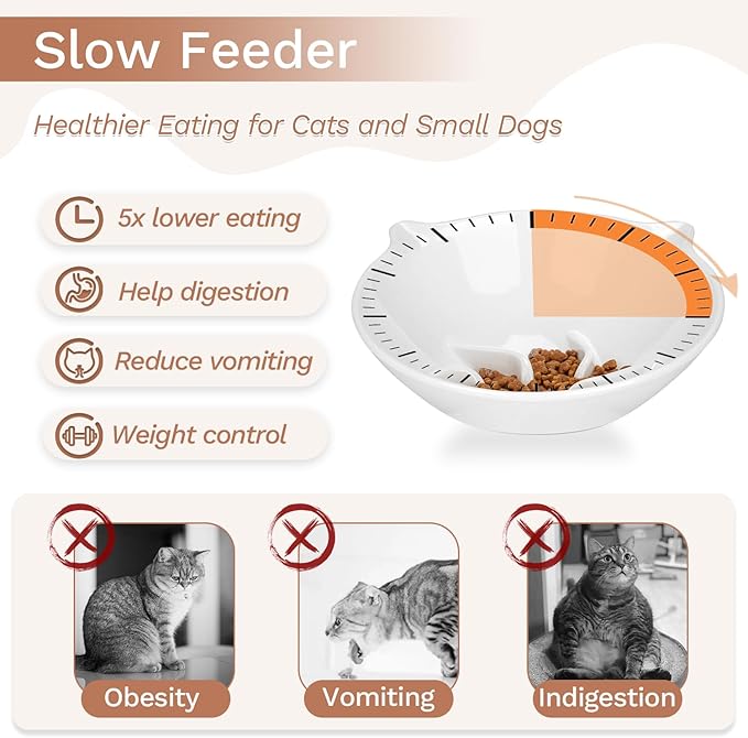 7 Inch Extra Wide Detachable Slow Feeder, Cat Bowl- Elevated Cats Feeder Tilted, Large Raised Cat Food Bowl Whisker Friendly, for Indoor Cats and Small Dogs Anti-Vomiting White