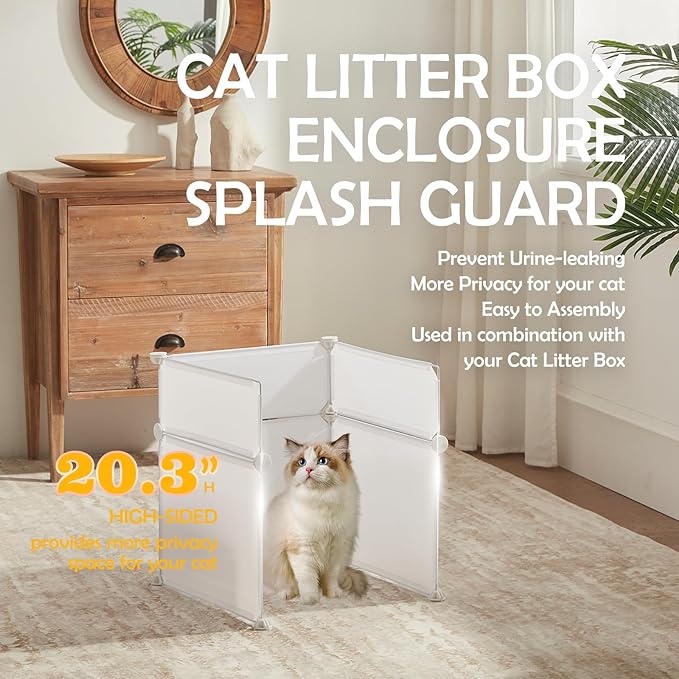 MEEXPAWS Cat Litter Box Enclosure Splash Guard Large 18.9L × 18.9W x 20.3H inch, Light Weight Plastic Sheets Easy Clean (White)