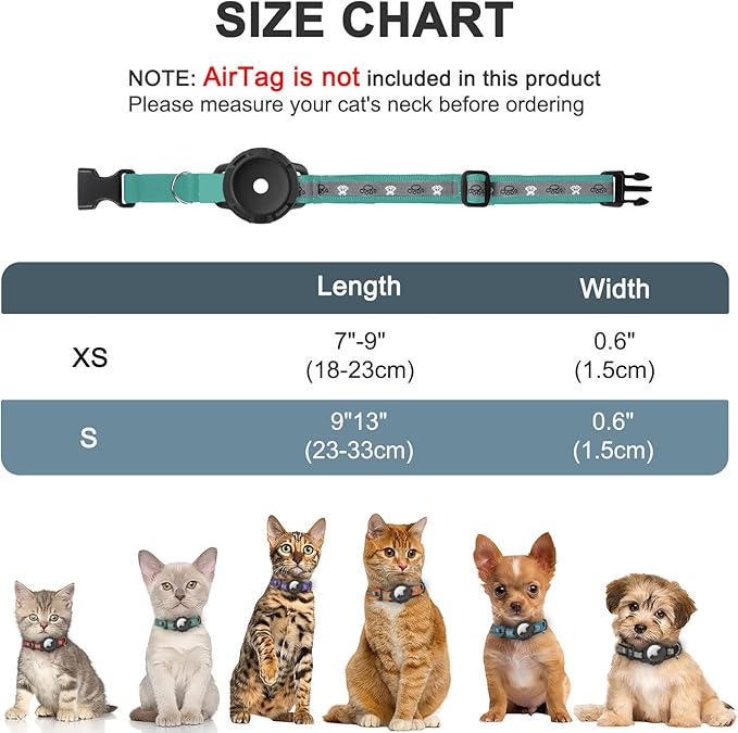 Reflective AirTag Cat Collar, Integrated Cat Tracker Collar with Air Tag Holder and Bell, Safety Elastic Band Cat GPS Collars for Girl Boy Cats, Kittens and Puppies (Green, XS)