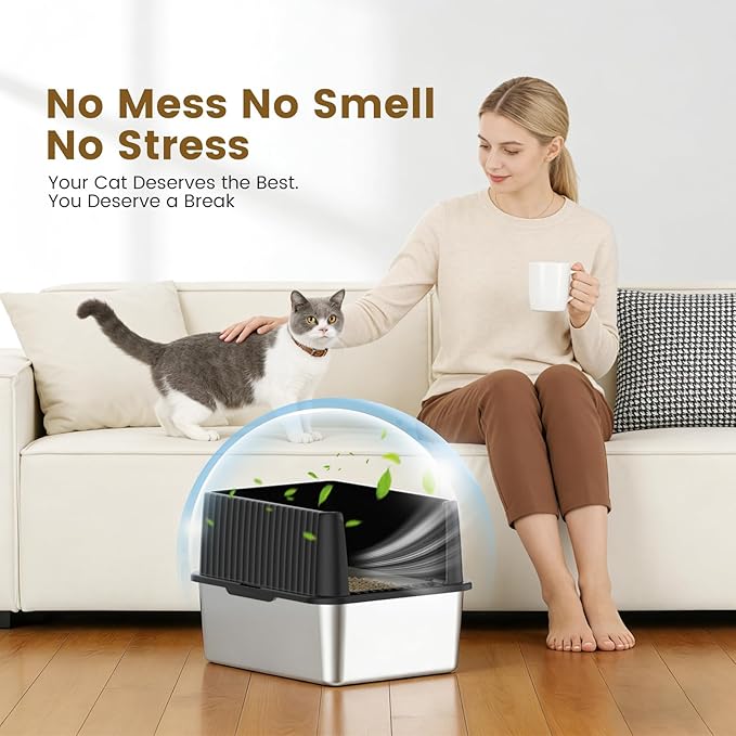 Small Stainless Steel Cat Litter Box - 11.8" High Sided, Open-Top Design, Low Entry for Kittens & Small Cats, Anti-Leak & Easy to Clean, Compact Space-Saving Size(17.3" L x 13.4" W × 11.8" H)