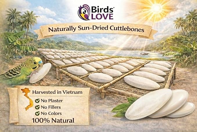 Birds LOVE 5.5-6″ Cuttlebones for Birds – 100% Natural Sun-Dried Calcium & Beak Conditioning Supplement for Parakeets, Budgies, Cockatiels, Finches & Canaries – 2 Pack with Holder – Made in Vietnam