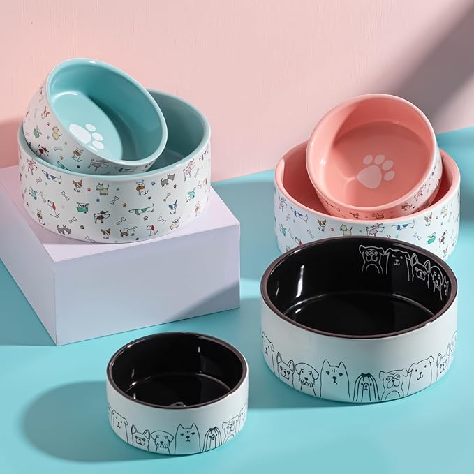 Fun Elements Ceramic Dog Bowls - Large, 64 Fl Oz Heavy Duty, Adorable Dog Patterns (Large, Blue)