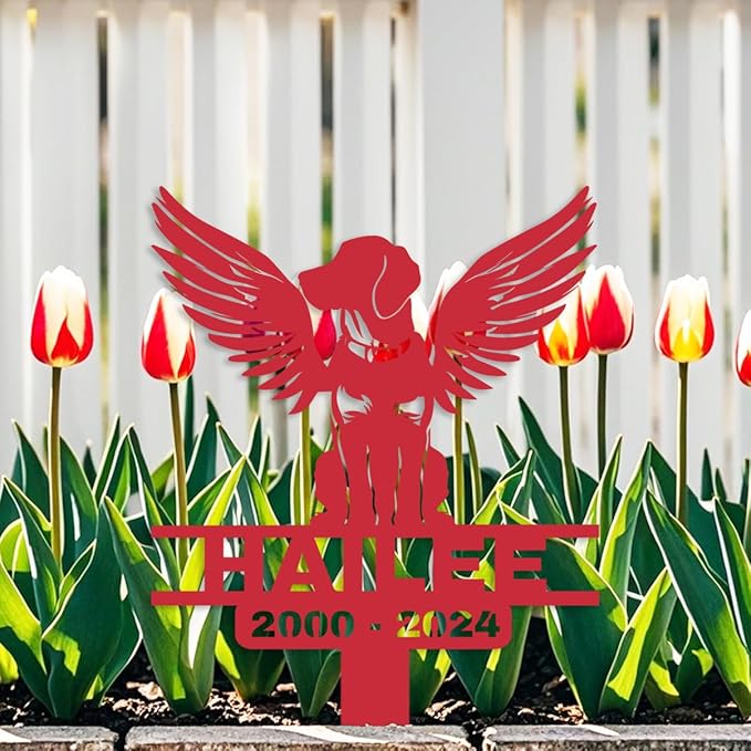 Personalized Custom Dog Memorial Grave Marker with Wings, Metal Loss of Dog Headstone Pet Plaque Burial Stake for Outdoors Cemetery Yard