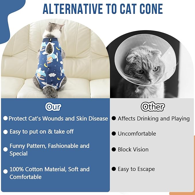 SlowTon Cat Recovery Suit - Cat Onesie for Cats After Surgery Female Male, Kitten Clothes Cats Surgical Spay Suit Abdominal Wounds, E-Collar Alternative Bodysuit Shirt Anti-Licking (Navy, L)