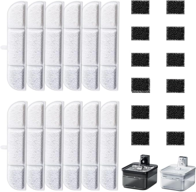 12Packs Replacement Filters Compatible with Downy Paws Cat Water Fountain - Triple Filtration Filters for DownyPaws 84oz/2.5L Wireless Pet Fountain DPWFP6 (12 Filters & 12 Sponges)