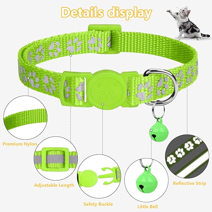 Taglory Reflective Cat Collar Breakaway with Bell, High Visibility Night Strip, Lightweight Adjustable Nylon Collar for Boy Girl Cats, 2 Pack, 7.5-12.5 Inch, Green