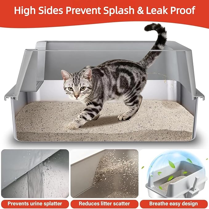 Stainless Steel Cat Litter Box, XL Metal Litter Box with High Sides Lid, Extra Large Cat Litter Boxes for Big Cats, Anti-Urine Leakage, Easy Cleaning, Odor Free, Non-Sticky, Include Scoop and Mat