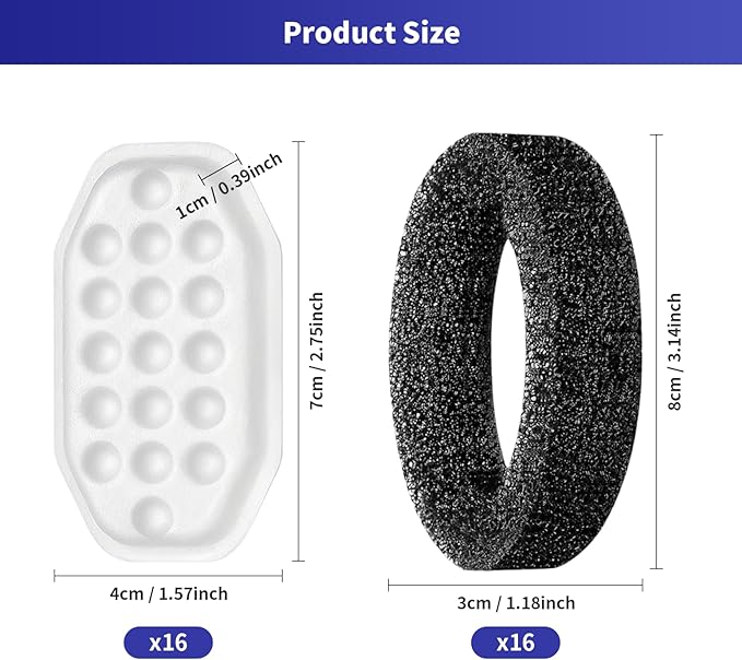 32 Pack Cat Water Fountain Replacement Filters & Pre-Filter Sponges, Includes 16 Filters & 16 Sponges for 108oz/3.2L Stainless Steel Pet Fountains – Compatible with Rellaty & Neareal