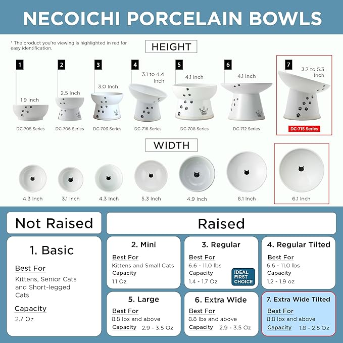 Necoichi Raised Cat Food Bowl – Ceramic Elevated 15° Tilted Cat Bowl for Whisker & Neck Fatigue, Dishwasher Microwave Safe Non-Slip Anti Vomiting Ergonomic Design (Extra Wide Tilted, 1.5-Cup Capacity)