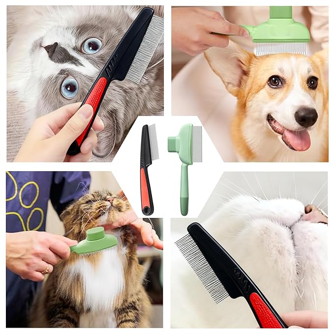 2PCS Pet Comb Flea Comb Set for Cats Dogs,Cleaning Massage Brush and Self-Cleaning Dog Combs for Removing Pet Hair, Knots & Loose Fur
