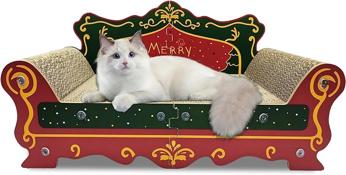 Luxury Cardboard Cat Scratcher Sofa Bed, Couch Shaped Scratching Board, Scratch Lounge with Catnip, Scratcher for Indoor Cats Large (Christmas Tree Pattern)