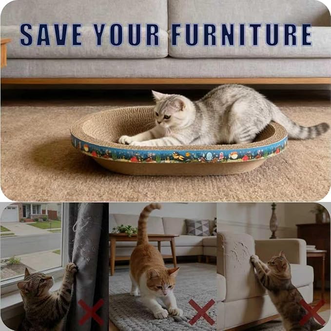 2PCS Large Cat Cardboard Scratcher with Toys, Oval 21.7" x 14.9" Kitty Scratching Board for Indoor Kitten Play Scratch Bed Sofa Furniture Protector