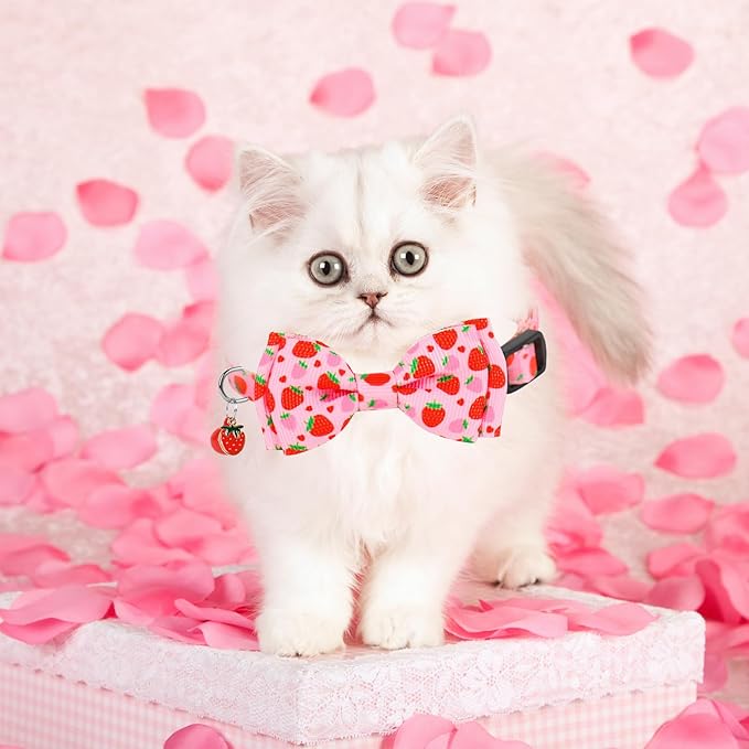 JarThenaAMCS 3Pcs Strawberry Cat Collar Pink Red Fruit Bowtie Collar with Breakaway Bell Cute Adjustable Kitten Collars for Summer Girl Boy Cat Small Pet