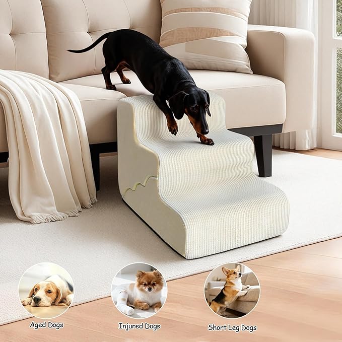 Pet Dog Stairs for Small Dogs, 2 in 1 Transformable 3-Step Pet Stairs and Wave Anti-Fall Slope for Short Legs and Long Legs Dog, for Couch (12-19 in) with Durable Non-Slip Waterproof Cover（Beige）