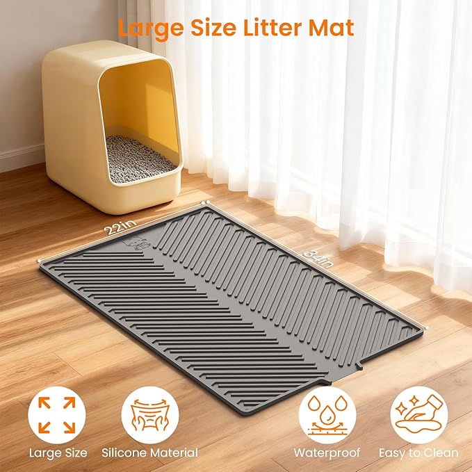Cat Litter Box Mat, 34" x 22" Large Silicone Waterproof Litter Trapping Mat for Scatter Control, Non-Slip, Easy to Clean, Soft on Kitty Paws