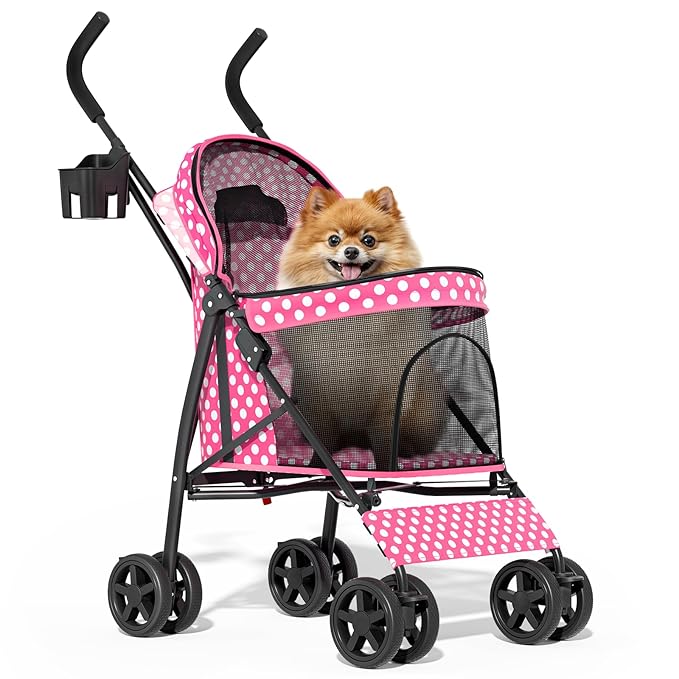 MoNiBloom 4 Wheels Pet Stroller, Easy-Fold Umbrella Shaped Dog Cat Jogger Stroller w/Storage Bag & Visible Mesh for Small/Medium Dogs Cats Hot Pink Polka Dots