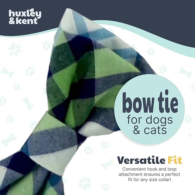 Huxley & Kent Pet Bow Tie for Dogs & Cats - Adjustable Hook & Loop Collar Accessory - Cute & Comfortable for Holidays & Celebrations - Lime Madras, Small