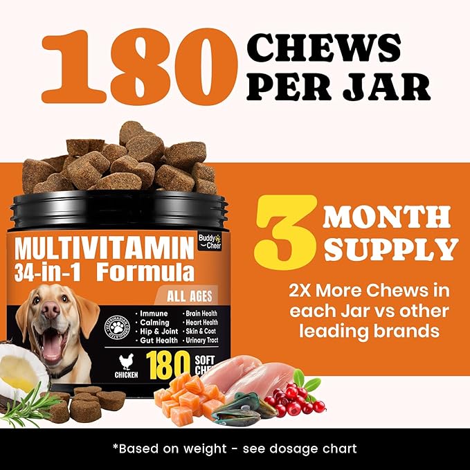Dog Vitamins & Supplements 34-in-1 Pet Multivitamin Softchews, Daily Dog Supplements for Hip & Joints, Skin & Coat, Immune Health with Glucosamine, Probiotics, Collagen & Fish Oil (90-Day Supply)