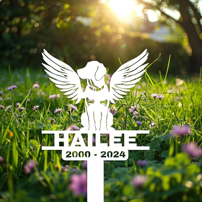 Personalized Custom Dog Memorial Grave Marker with Wings, Metal Loss of Dog Headstone Pet Plaque Burial Stake for Outdoors Cemetery Yard