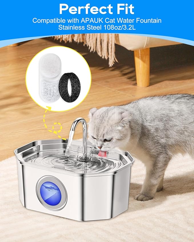 12+12 Pack Cat Water Fountain Filter Replacement Compatible with APAUK Automatic 108oz/3.2L Cat Fountain, Activated Carbon Water Filter for Cat Fountain & Sponges