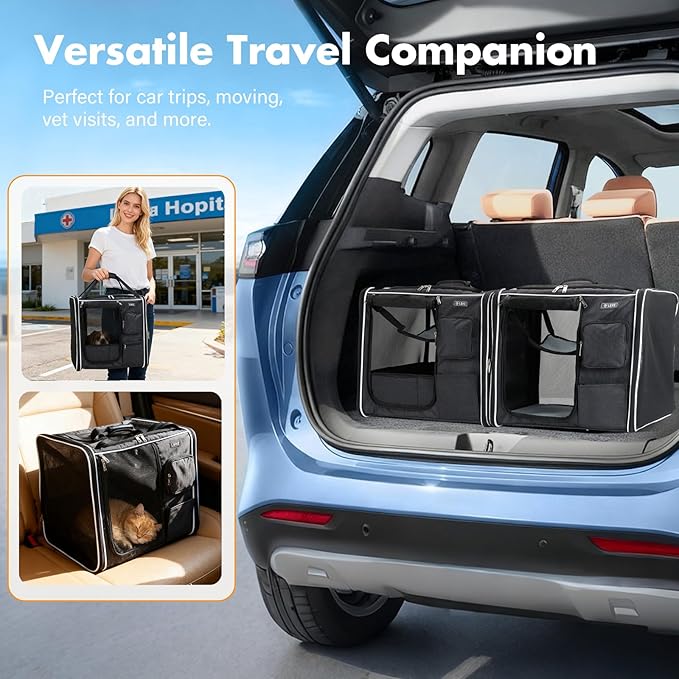 Lekereise Extra Large Cat Carrier Soft Sided, 37" x 18" x 18", Large cat Travel Carrier for 2 Cats with Zipper Locks for Moving Across The Country, Foldable for Storage, Black