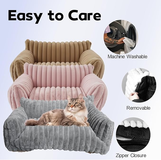 Cat Couch for Pets - Cute Cat Beds for Indoor Cats with Removable Cover, Washable Soft Corduroy Plush, Fluffy Supportive Pet Sofa Chair for Cats, 24 inch Pink